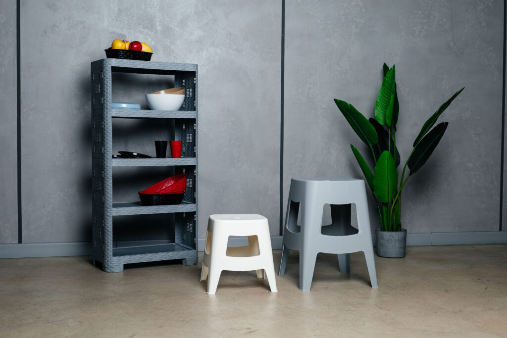 plastic houseware products, shelving unit, seating stools, kids stools
